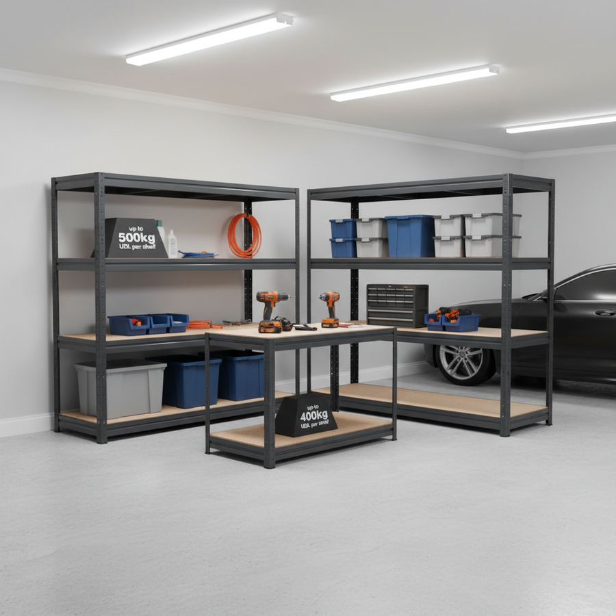 Premium Heavy Duty Industrial Shelving and Workbench Set - Grey - Front view