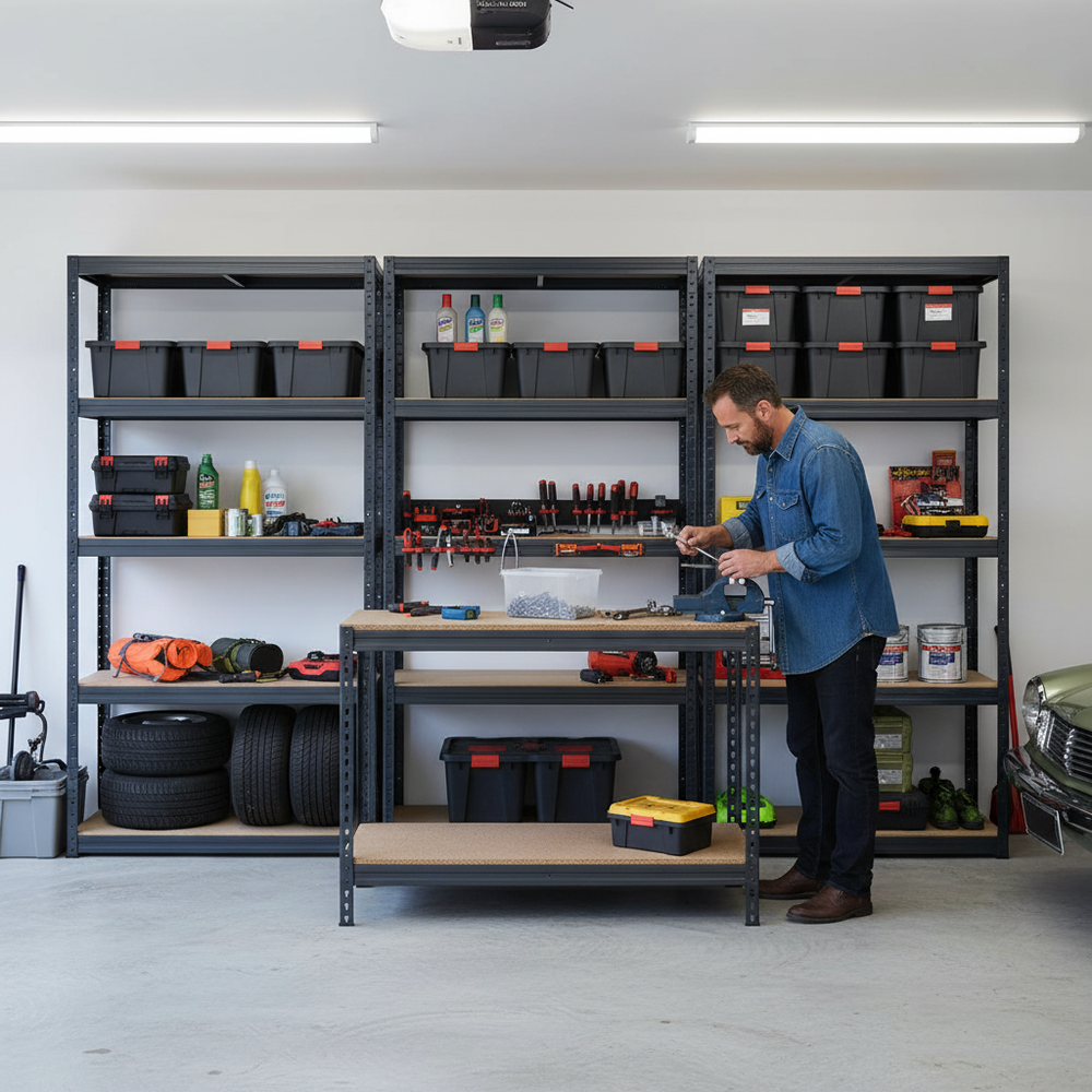 3x Heavy Duty Shelving Units - 1800mm High & 1x Professional Workbench - 1200mm Wide - Grey - Side view