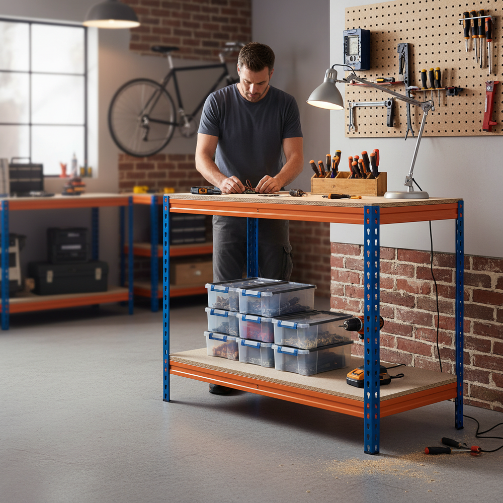 Heavy Duty Workbench - 915mm High - 400kg Capacity - Chipboard - Blue/Orange - Side view