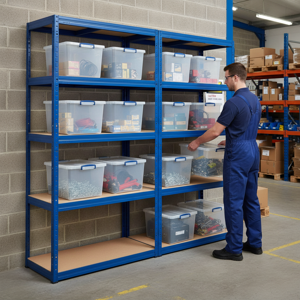 Premium Shelving Units with 8x 33.5L Storage Boxes - 2130mm High - Side view