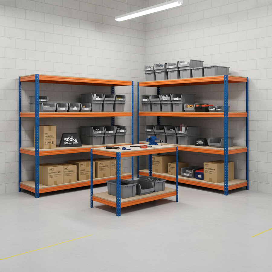 Heavy Duty Industrial Shelving and Workbench Bundle - 1800mm High & 1200mm Wide - Front view