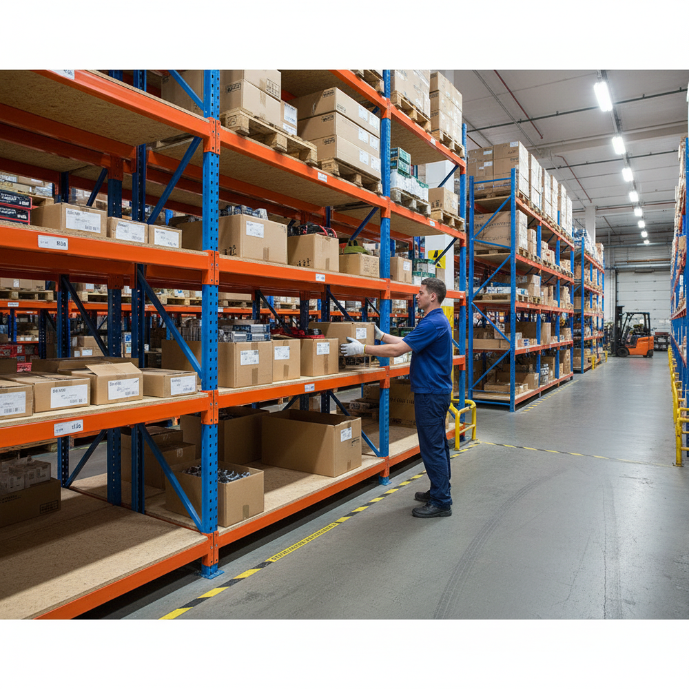 Additional Heavy Duty Chipboard Shelf - Blue & Orange - 15mm Thick - Side view