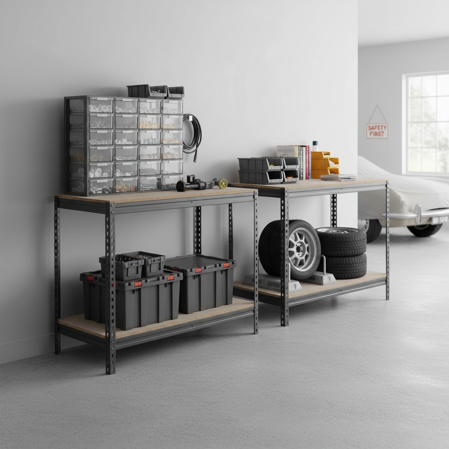 Premium Heavy Duty Workbenches - 915mm High - 400kg Capacity - Chipboard - Grey - Front view