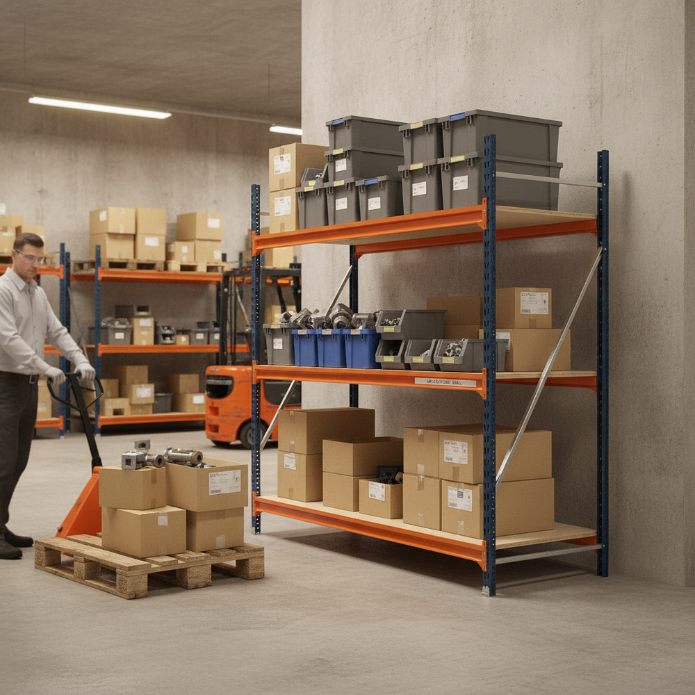 Premium Heavy Duty Longspan Shelving - 2000mm High - Blue & Orange - Side view