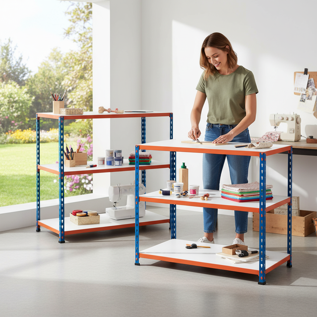 Premium Workbenches - 990mm High - 200kg Capacity - Melamine - Blue/Orange - Front view