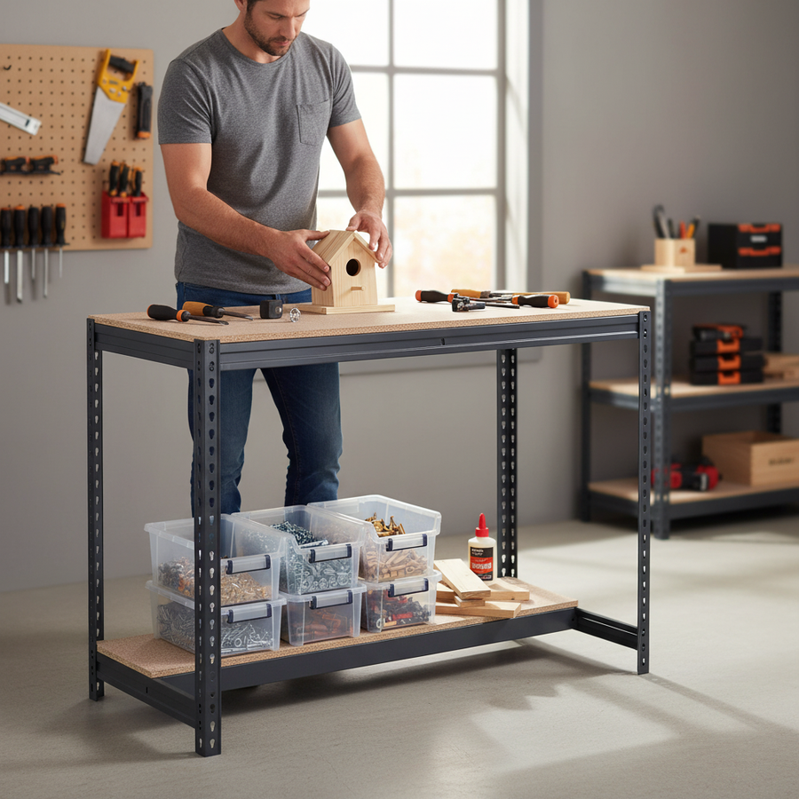 Heavy Duty Workbench with Adjustable Lower Half Shelf - 915mm High - 400kg Capacity - Chipboard - Grey Finish - Front view