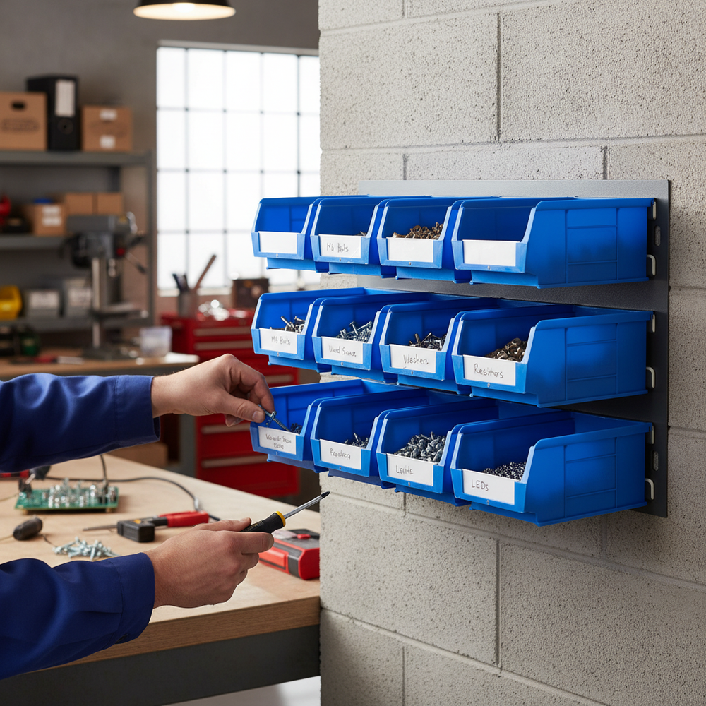 Premium Louvre Panel Kit with 12x Durable Pick Bins for Organized Storage - Side view