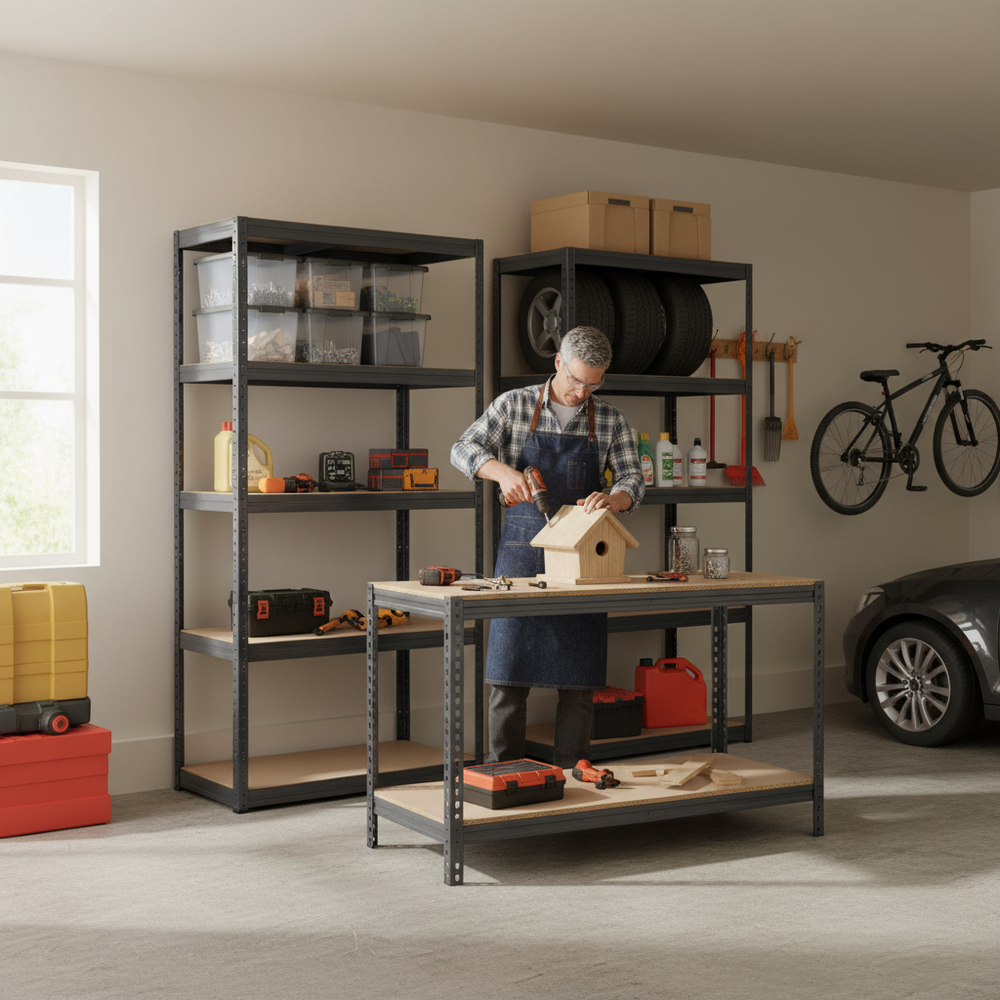 Premium Shelving Units & Workbench Set - 1800mm High & 1600mm Wide - Grey - Side view