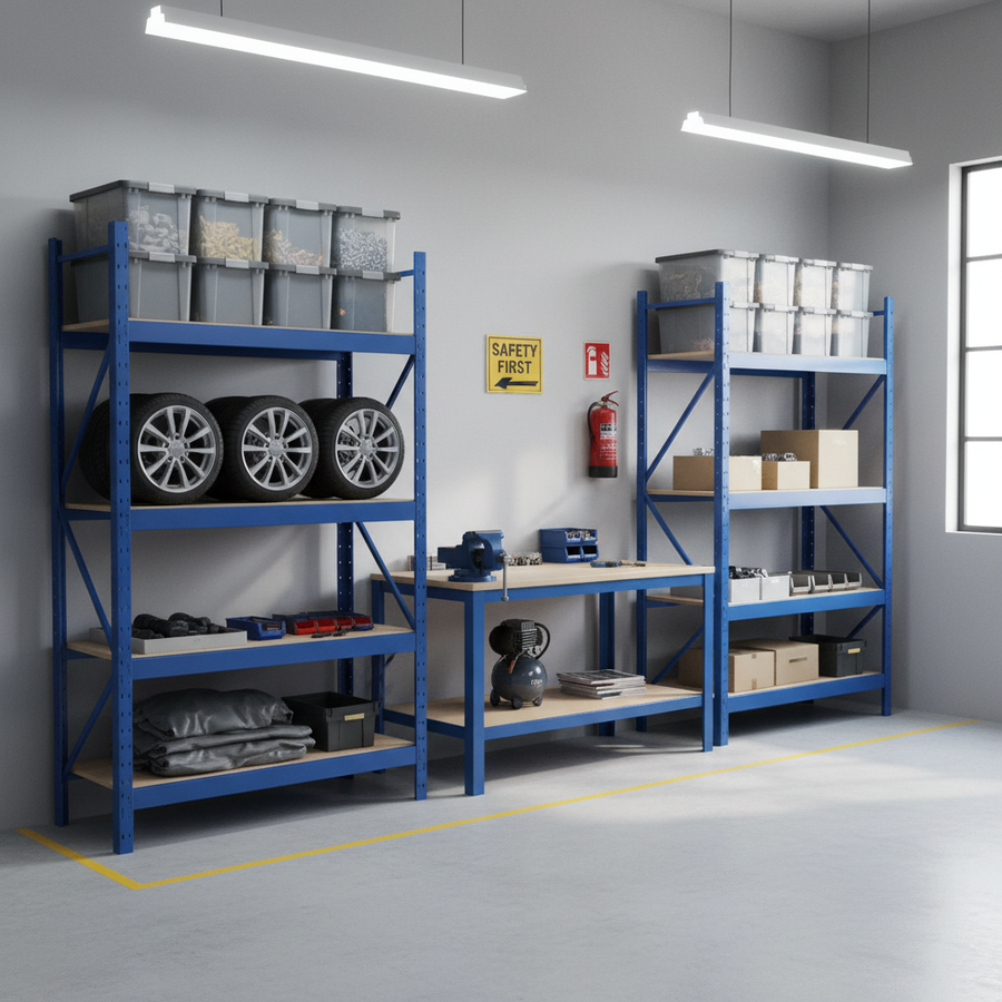 Premium Heavy Duty Industrial Shelving and Workbench Set - 1770mm High & 1200mm Wide - Front view