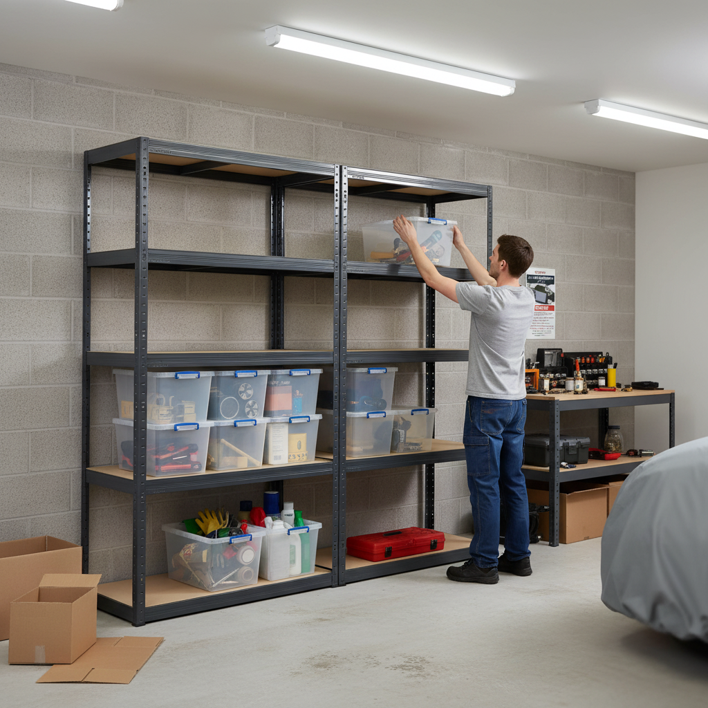 Premium Shelving Units - 1800mm High - Grey with 8x 33.5L Storage Boxes - Side view