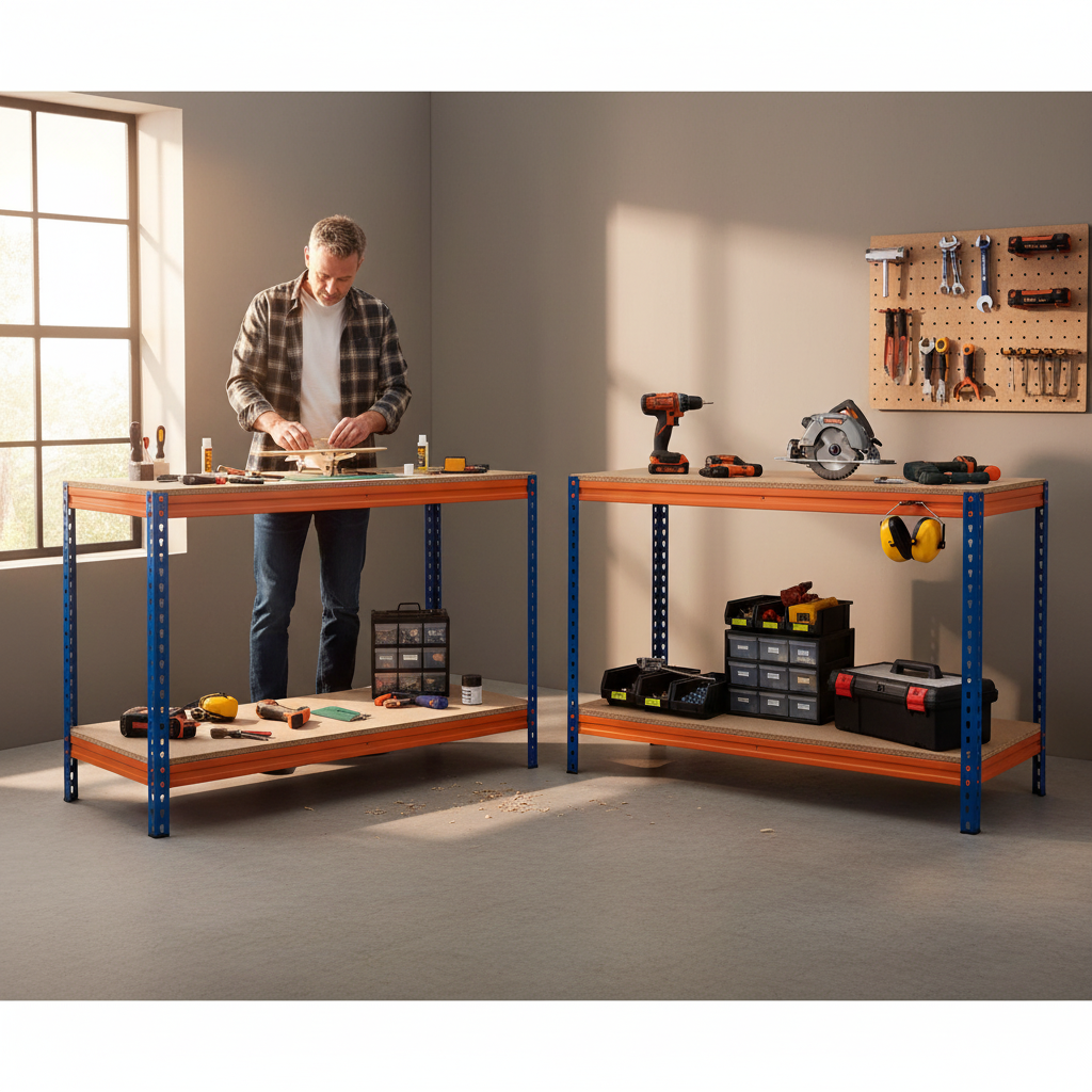 Premium Heavy Duty Workbenches - 915mm High - 400kg Capacity - Chipboard - Blue/Orange - Front view