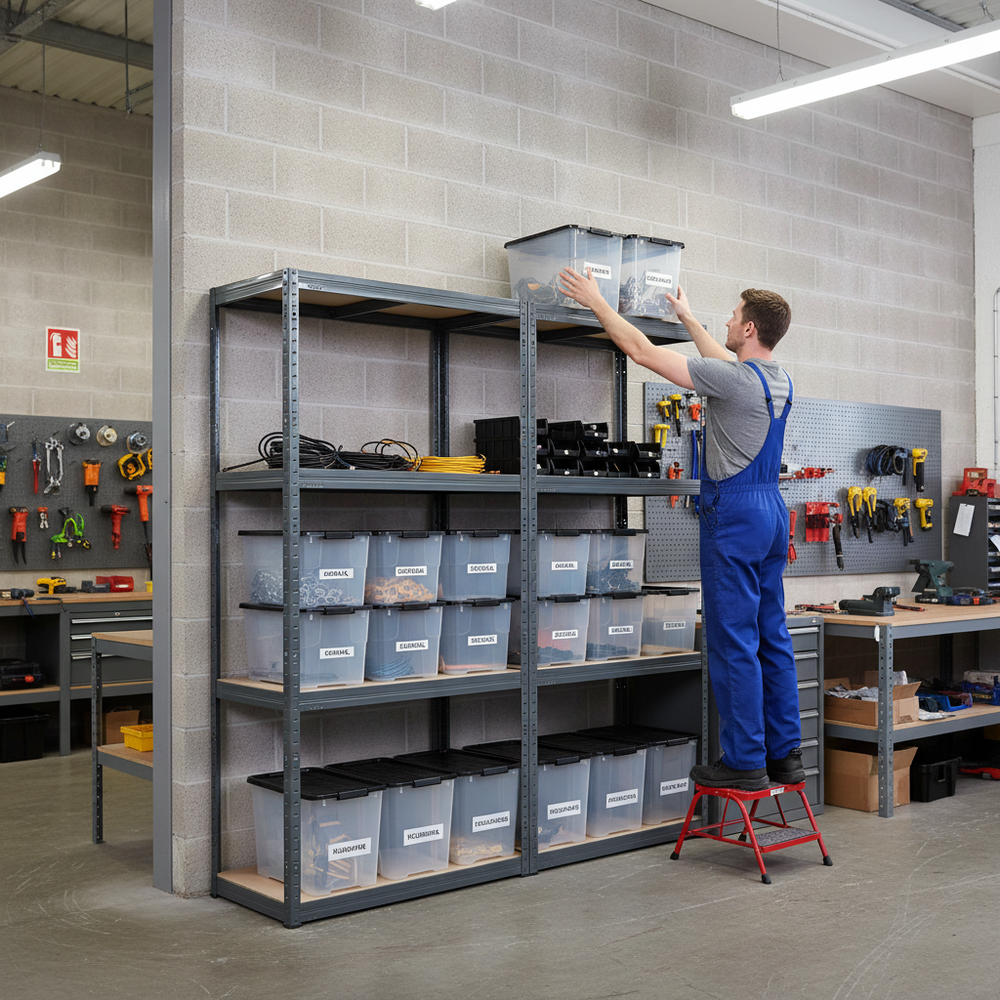 Premium Shelving Units with Storage Boxes - 1600mm High - Grey - Side view