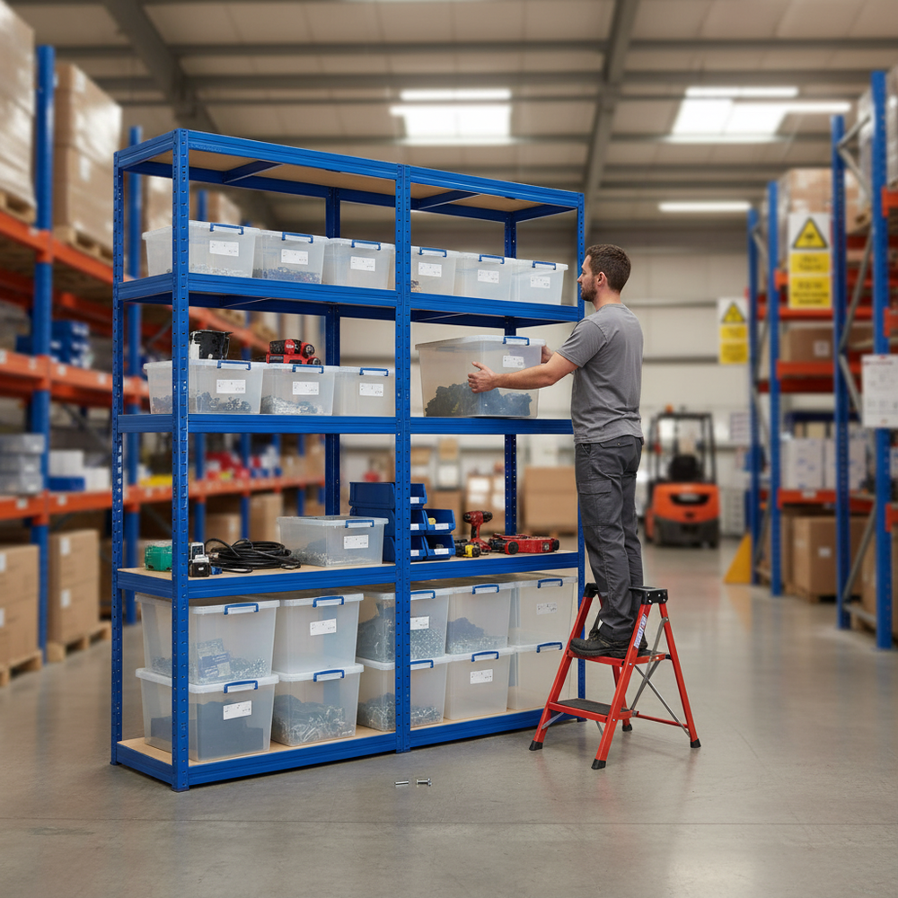 Premium Shelving Unit with 12x 33.5L Storage Boxes - 2130mm High - Side view