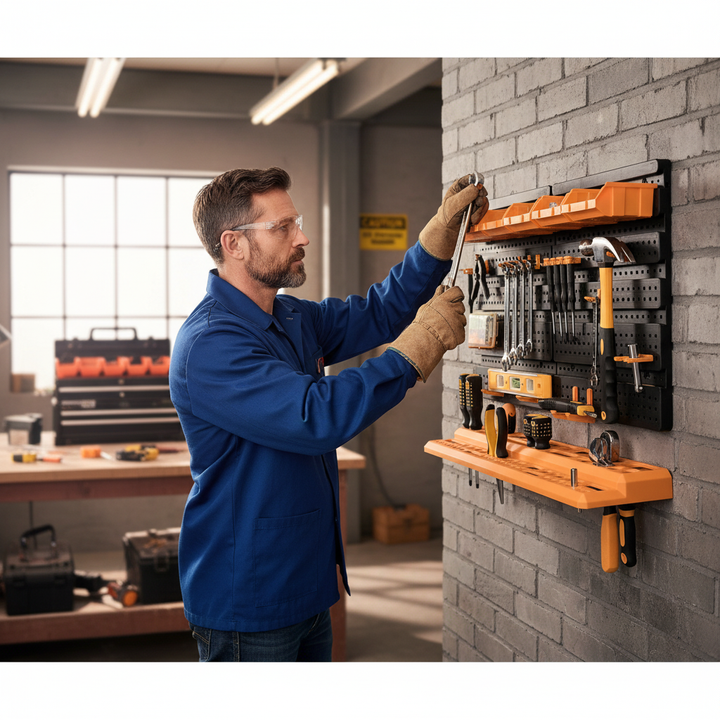 Wall Mounted Tool Rack Organizer with Parts Bins for Garage and Workshop - Front view