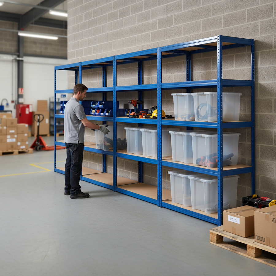 Premium Shelving Units with 8x 60L Storage Boxes - 2130mm High - Front view