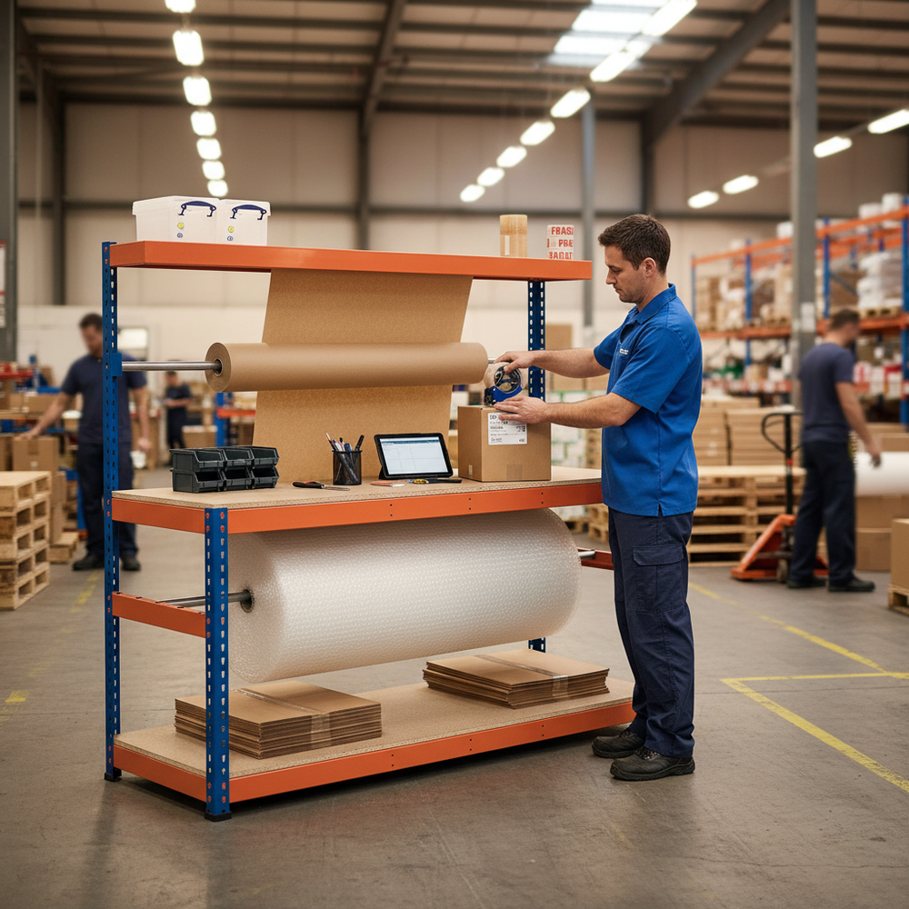 Heavy Duty Packing Station - 1677mm High - 400kg Capacity - Chipboard - Blue & Orange - Side view