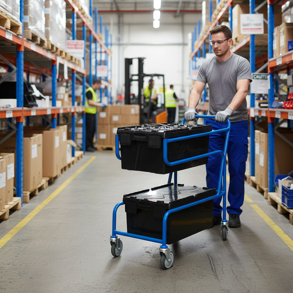 Heavy Duty Double Container Trolley with Tote Boxes for Easy Transport - Side view