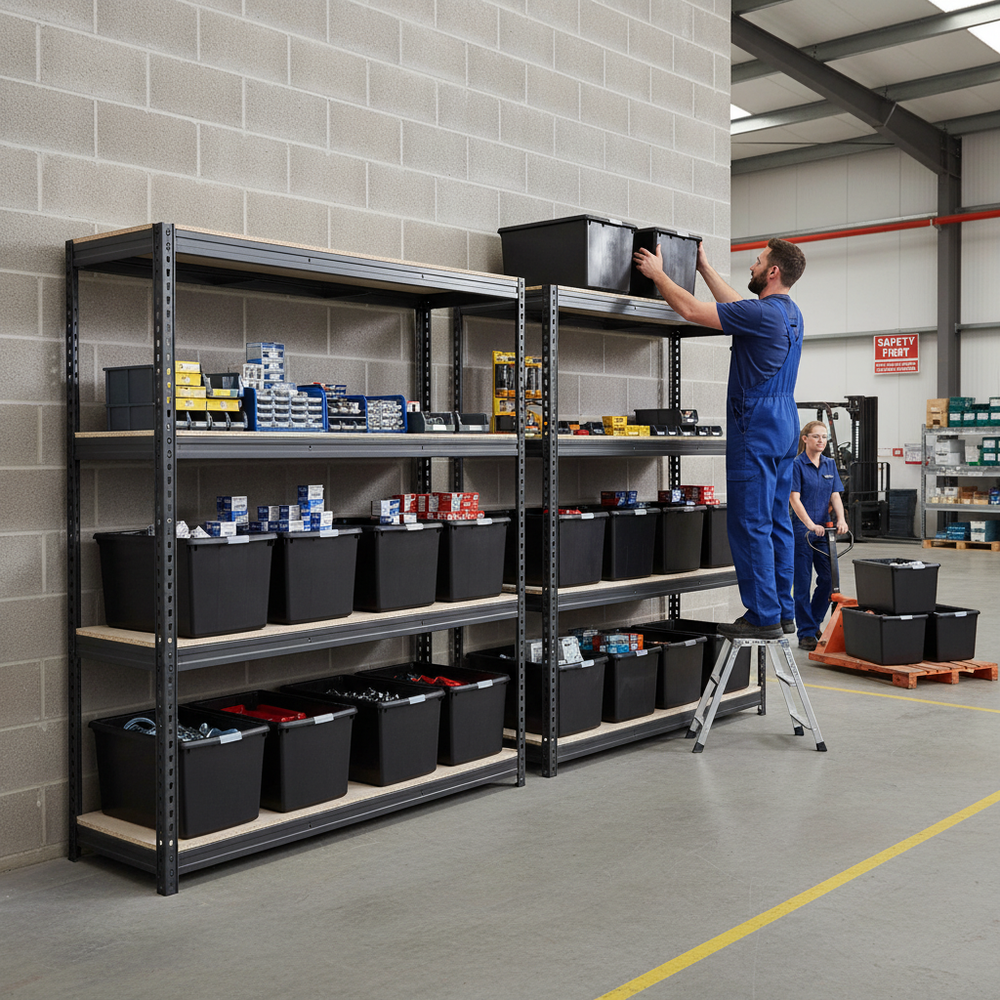 Premium Heavy Duty Shelving with 8x 62L Storage Boxes - 2000mm High - Side view