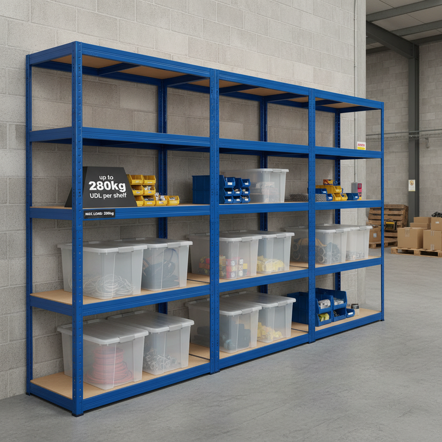 Premium Shelving Units with 8x 60L Plastic Storage Boxes - 2130mm High - Front view