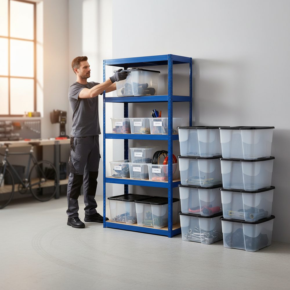 Premium Shelving Unit - 1800mm High with 12x 24L Plastic Storage Boxes - Side view