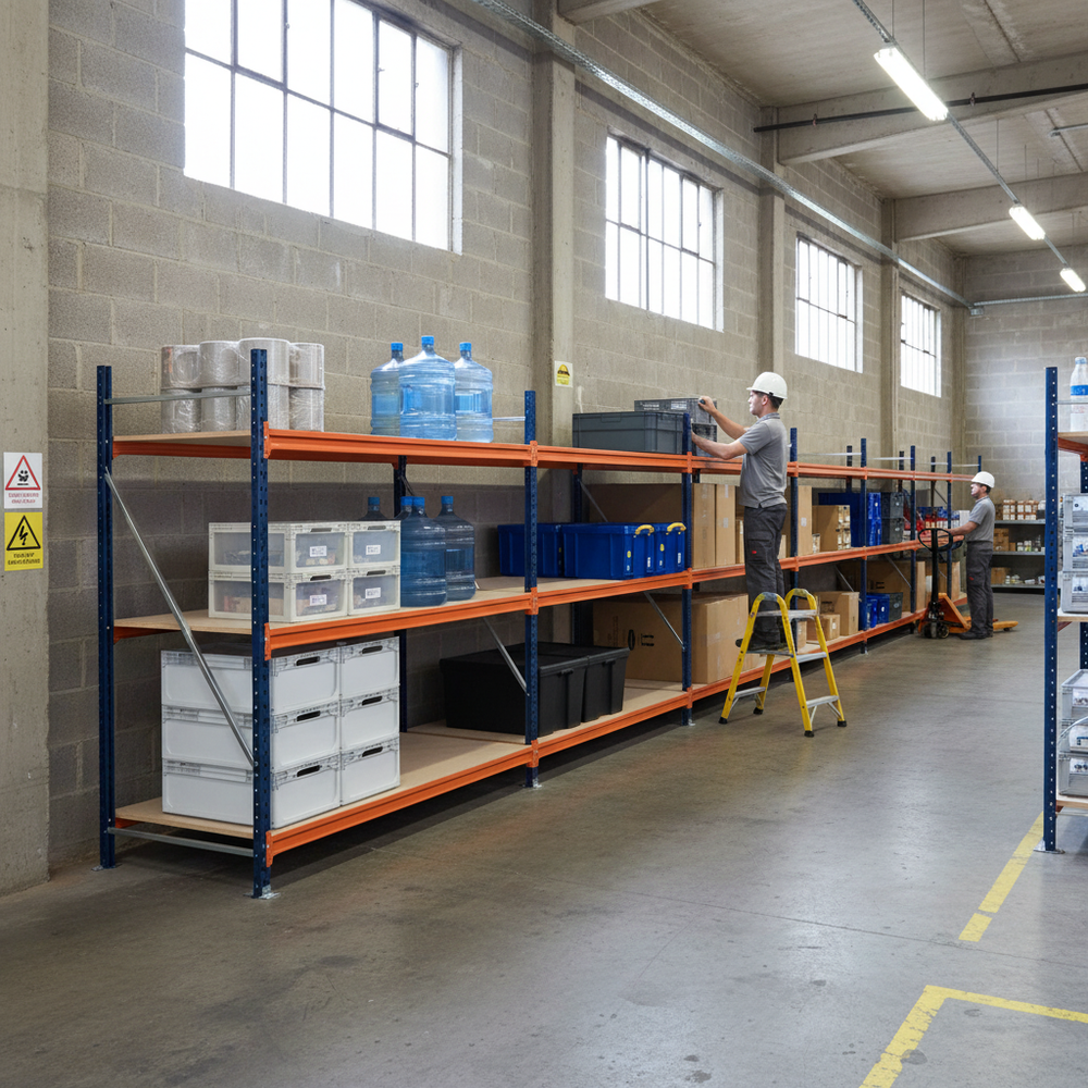 3x Heavy Duty Longspan Shelving - 2000mm High - Blue & Orange - Side view