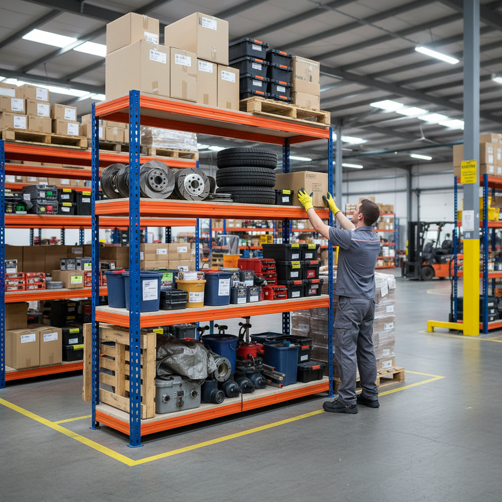 Premium Heavy Duty Garage Shelving - 2200mm High - 500kg Capacity - Blue & Orange - Side view