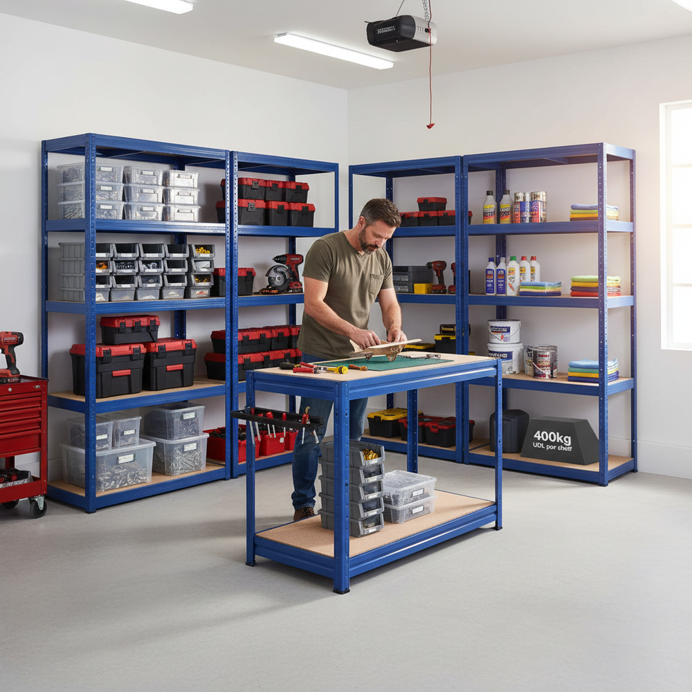 3x Premium Shelving Units - 1800mm High & 1x Professional Workbench - 1200mm Wide - Blue - Side view
