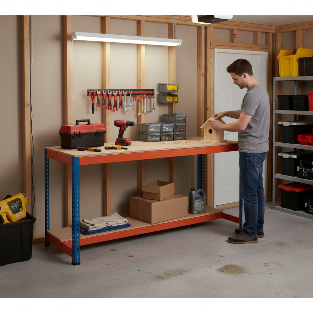 Premium Workbench with Lower Half Shelf - 915mm Height - 400kg Capacity - Chipboard - Blue/Orange - Side view