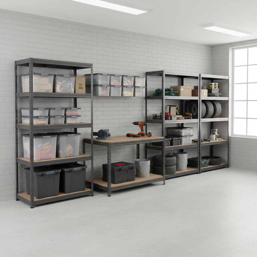4x Premium Shelving Units - 1800mm High & 1x Professional Workbench - 1200mm Wide - Grey - Front view