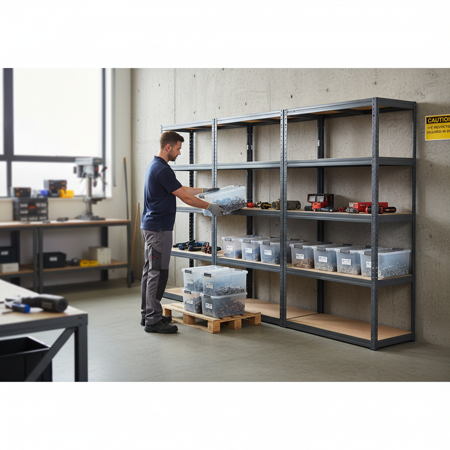 Premium Shelving Units with Plastic Storage Boxes - 2130mm High - Front view