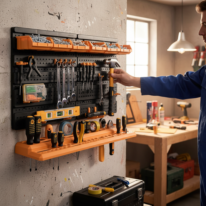 Wall Mounted Tool Rack Organizer with Parts Bins for Garage and Workshop - Side view
