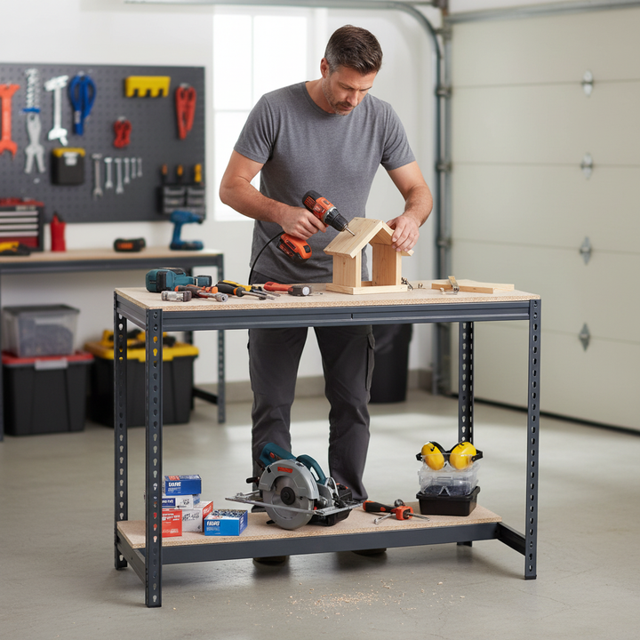 Heavy Duty Workbench with Adjustable Lower Half Shelf - 915mm High - 400kg Capacity - Chipboard - Grey Finish - Side view