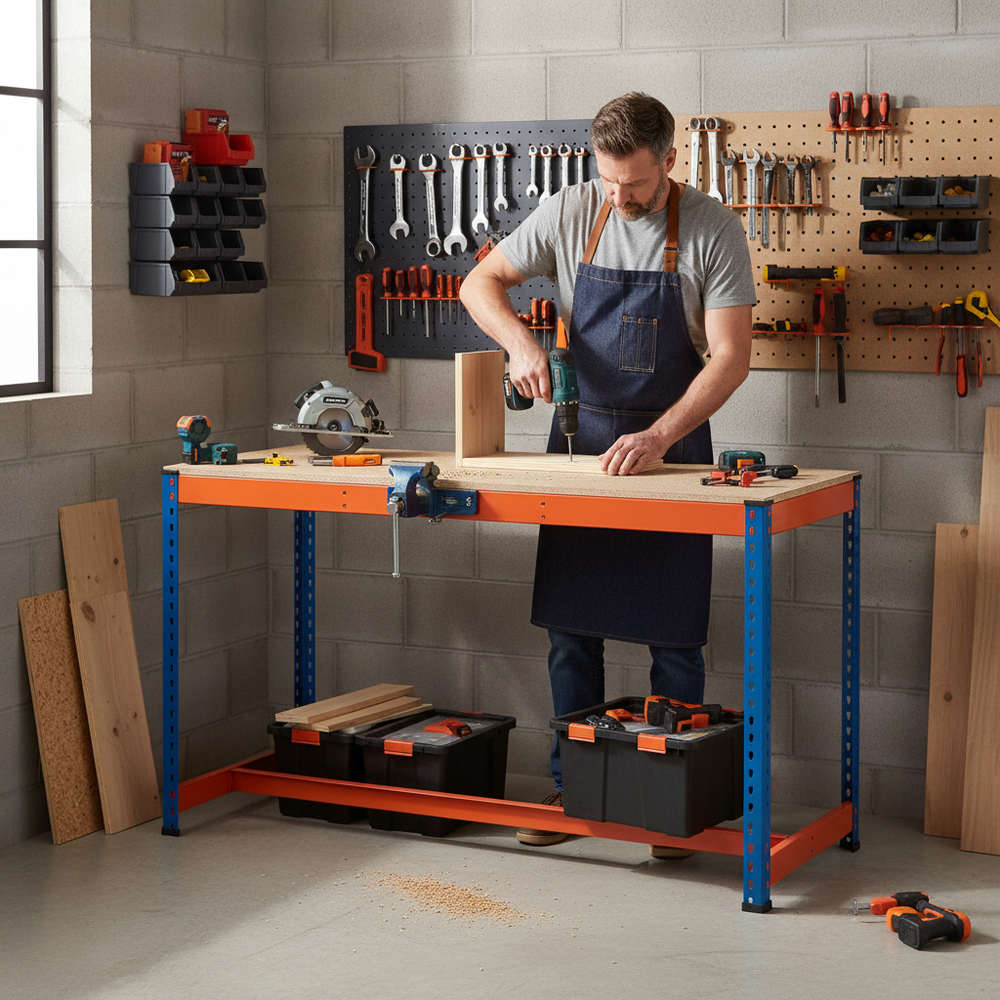 Premium T-Bar Workbench - 915mm High - 800kg Capacity - Chipboard - Blue/Orange - Side view