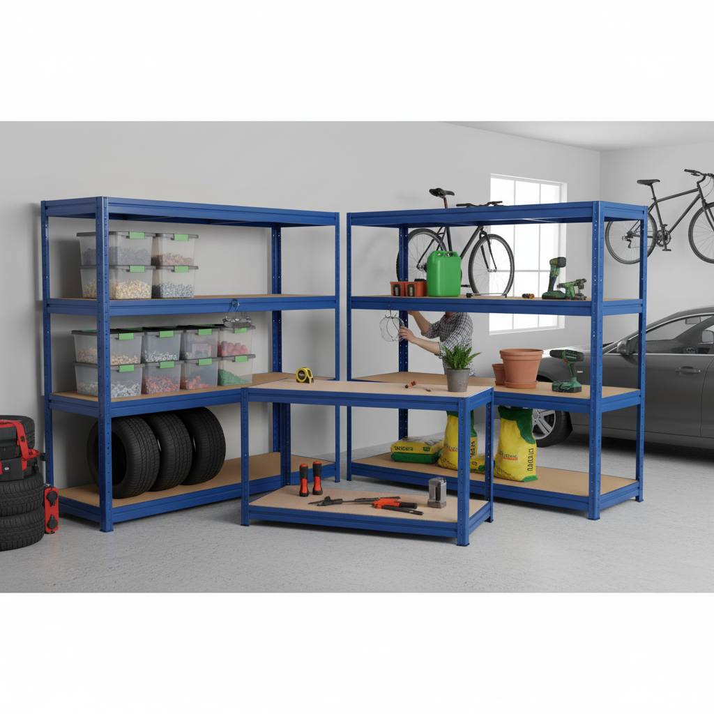 Premium Heavy Duty Industrial Shelving & Workbench Set - 1770mm High & 1600mm Wide - Front view