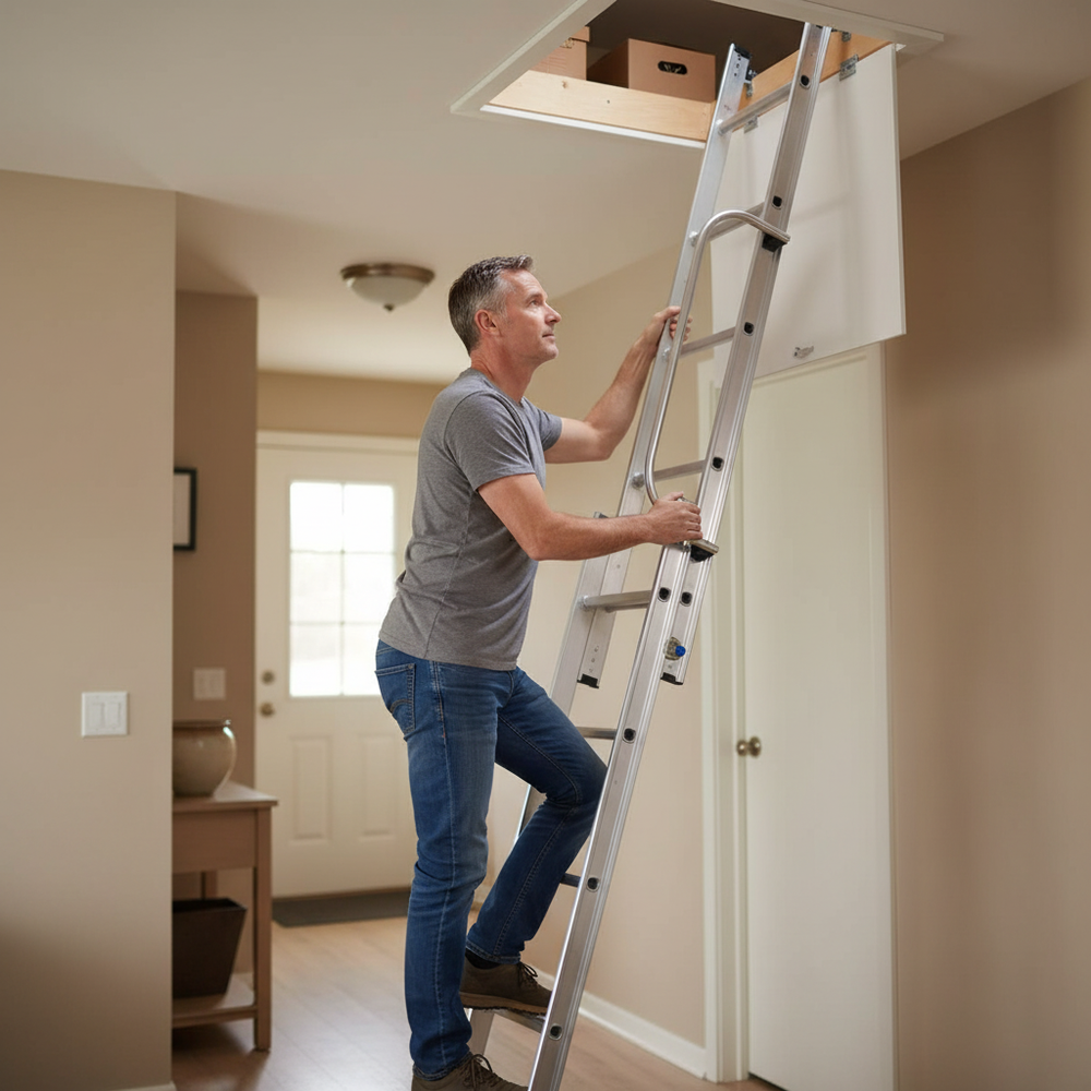 Premium Aluminium Loft Ladder with Handrail - 2 Section - Side view