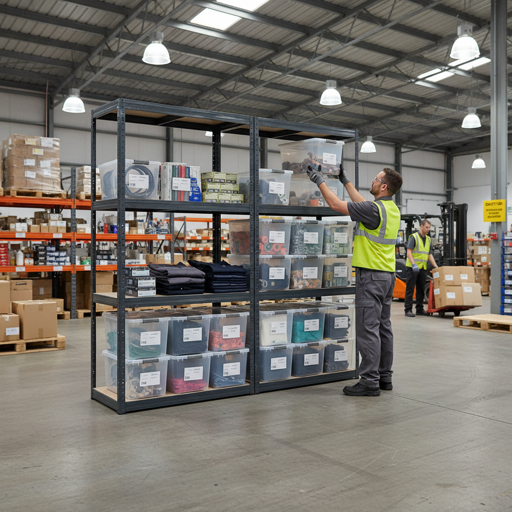 Professional Heavy Duty Shelving Unit with 8x 60L Plastic Storage Boxes - 1600mm High - Side view