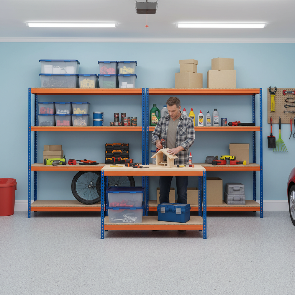 Heavy Duty Industrial Shelving and Workbench Bundle - 1800mm High & 1200mm Wide - Side view