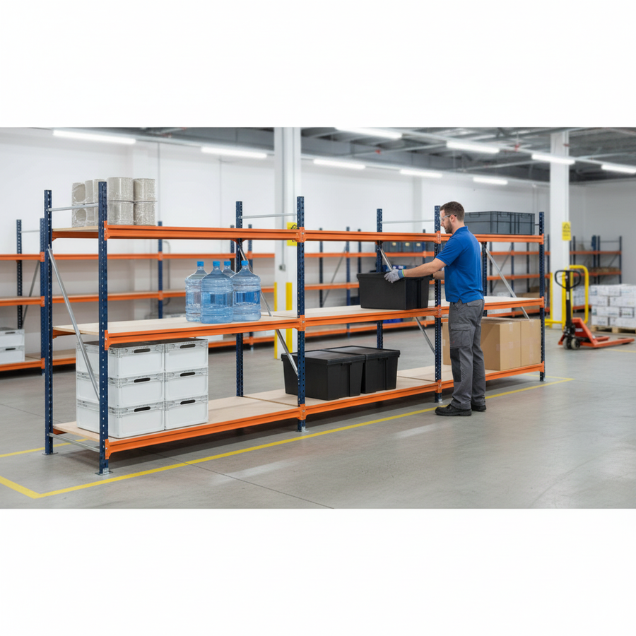 3x Heavy Duty Longspan Shelving - 2000mm High - Blue & Orange - Front view