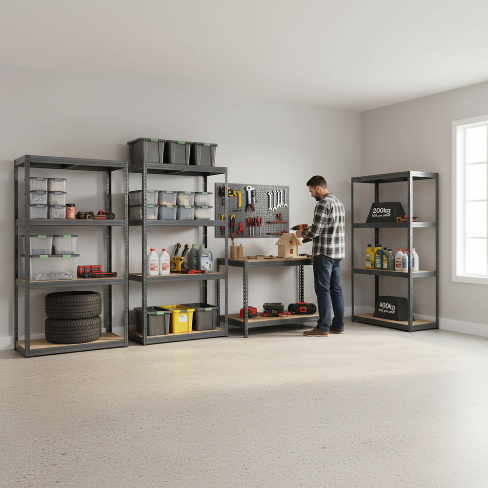 4 Heavy Duty Shelving Units - 1600mm High & 1 Workbench - 1200mm Wide - Grey - Side view