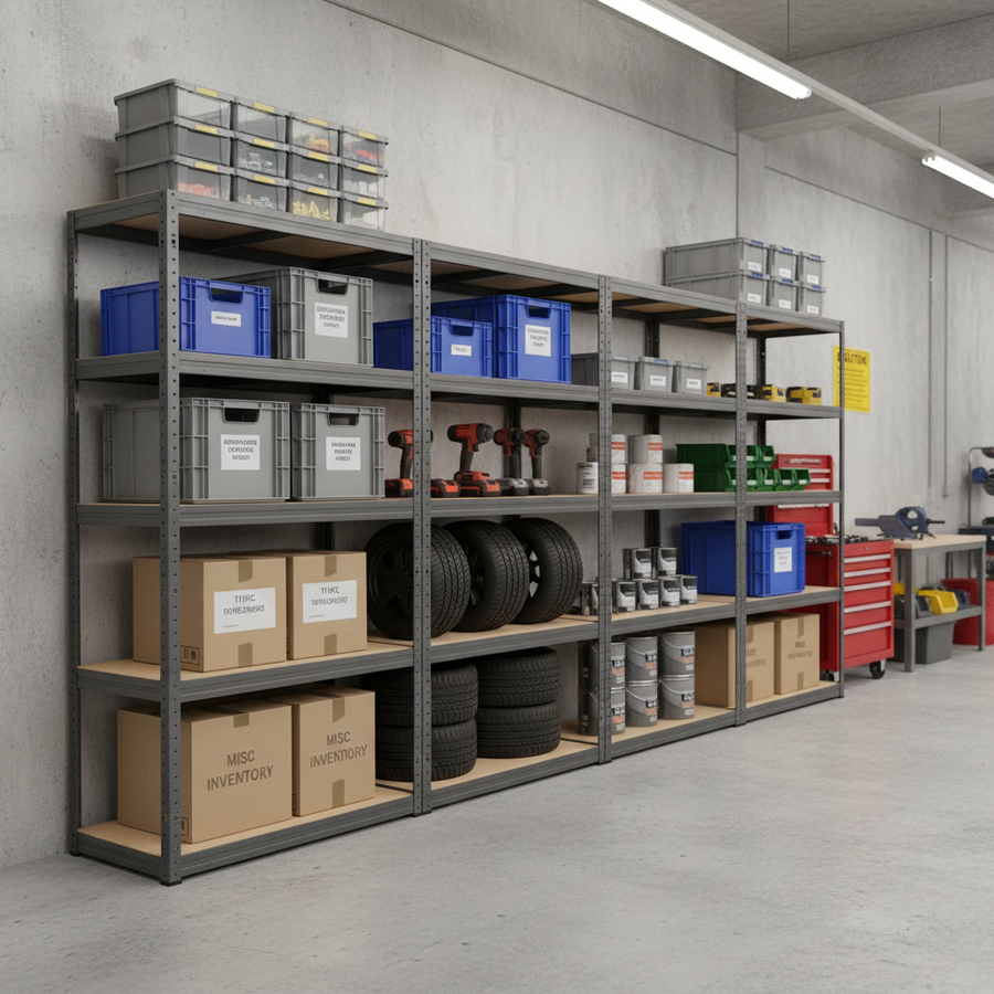 Heavy Duty Garage Shelving Unit - 2130mm High - 200/280kg Capacity - Grey - Front view