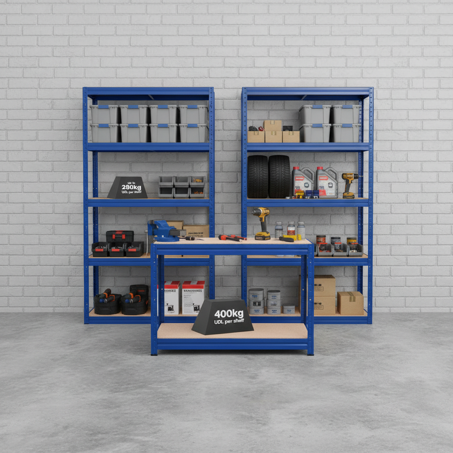 2x Heavy Duty Shelving Units - 1800mm High & 1x Professional Workbench - 1200mm Wide - Blue - Front view