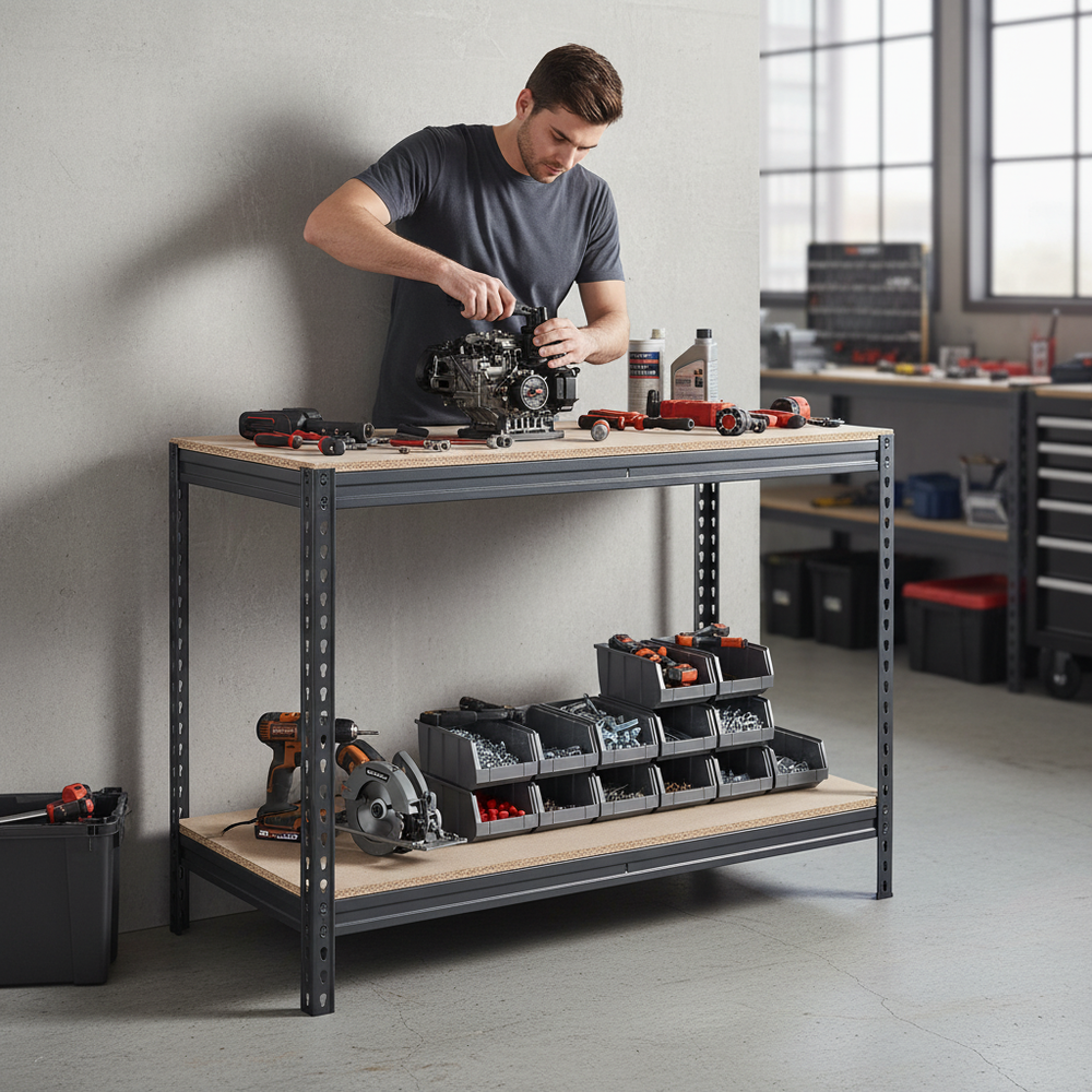 Heavy Duty Workbench - 915mm High - 400kg Capacity - Grey Chipboard - Side view