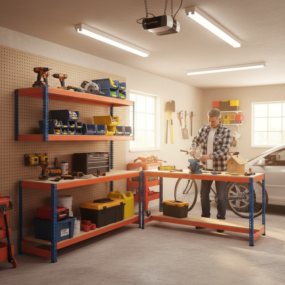 Premium Workbench - Lower Half Shelf - 915mm High - 400kg - Chipboard - Blue/Orange - Pack of 2 - Side view