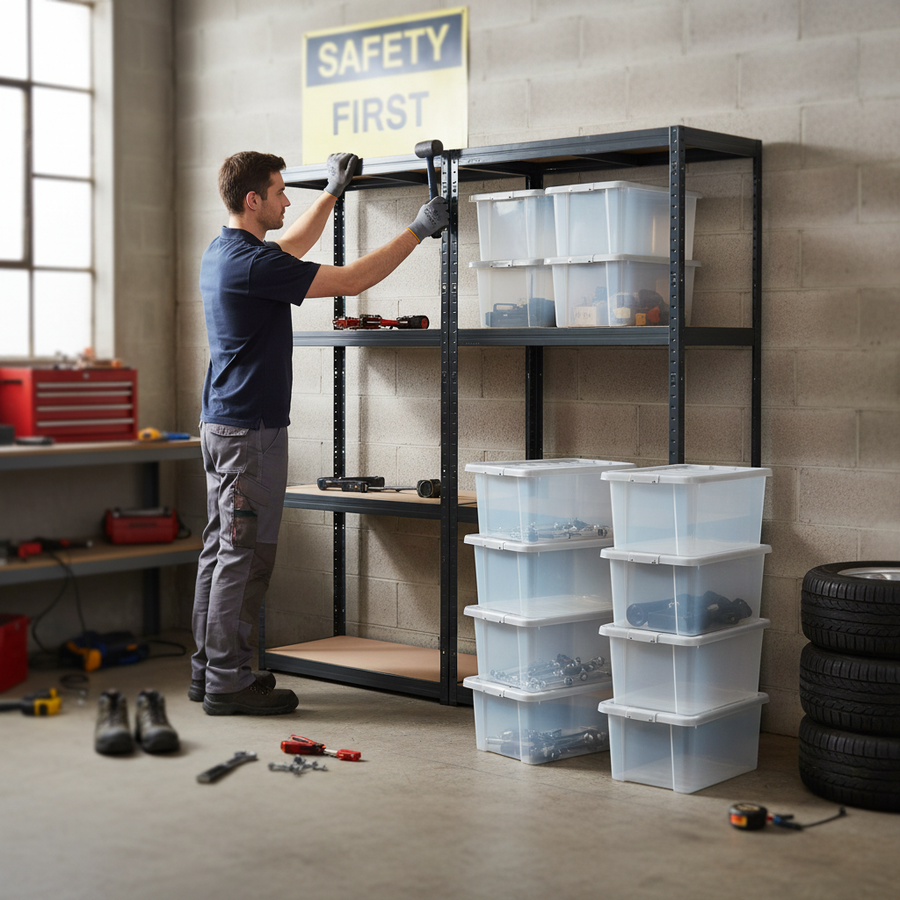 Professional Heavy Duty Shelving Unit with 8x 60L Plastic Storage Boxes - 1600mm High - Front view