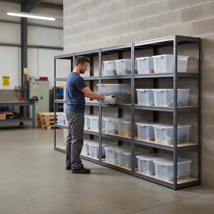 Premium Shelving Units with 12 Heavy Duty Plastic Storage Boxes - 2130mm High - Front view
