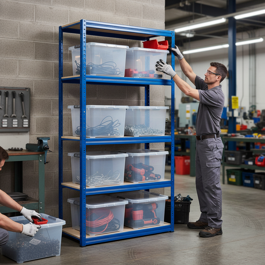 Premium Shelving Unit 2130mm High with 8 Heavy Duty Plastic Storage Boxes - Front view
