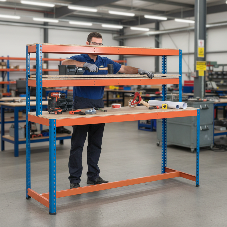 Heavy Duty T-Bar Workstation - 1677mm High - 400kg Capacity - Chipboard - Blue & Orange - Front view