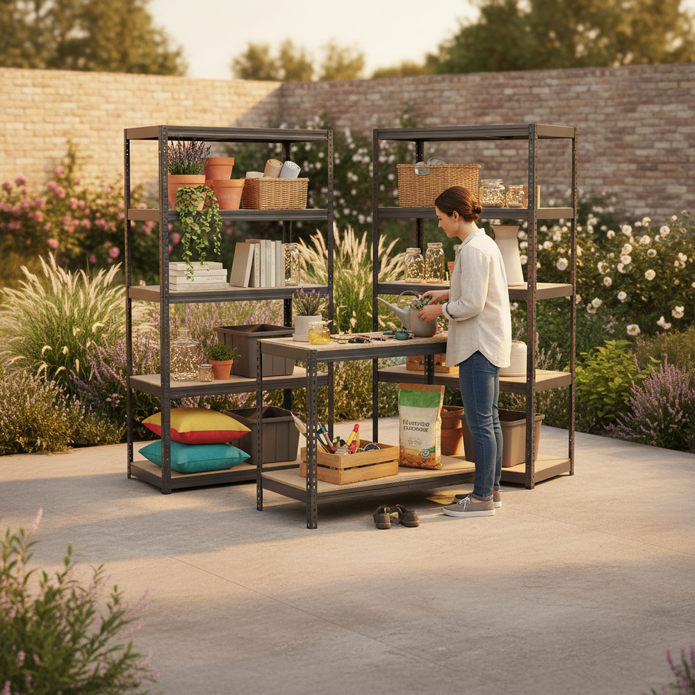 4x Premium Shelving Units - 1800mm High & 1x Professional Workbench - 1200mm Wide - Grey - Side view