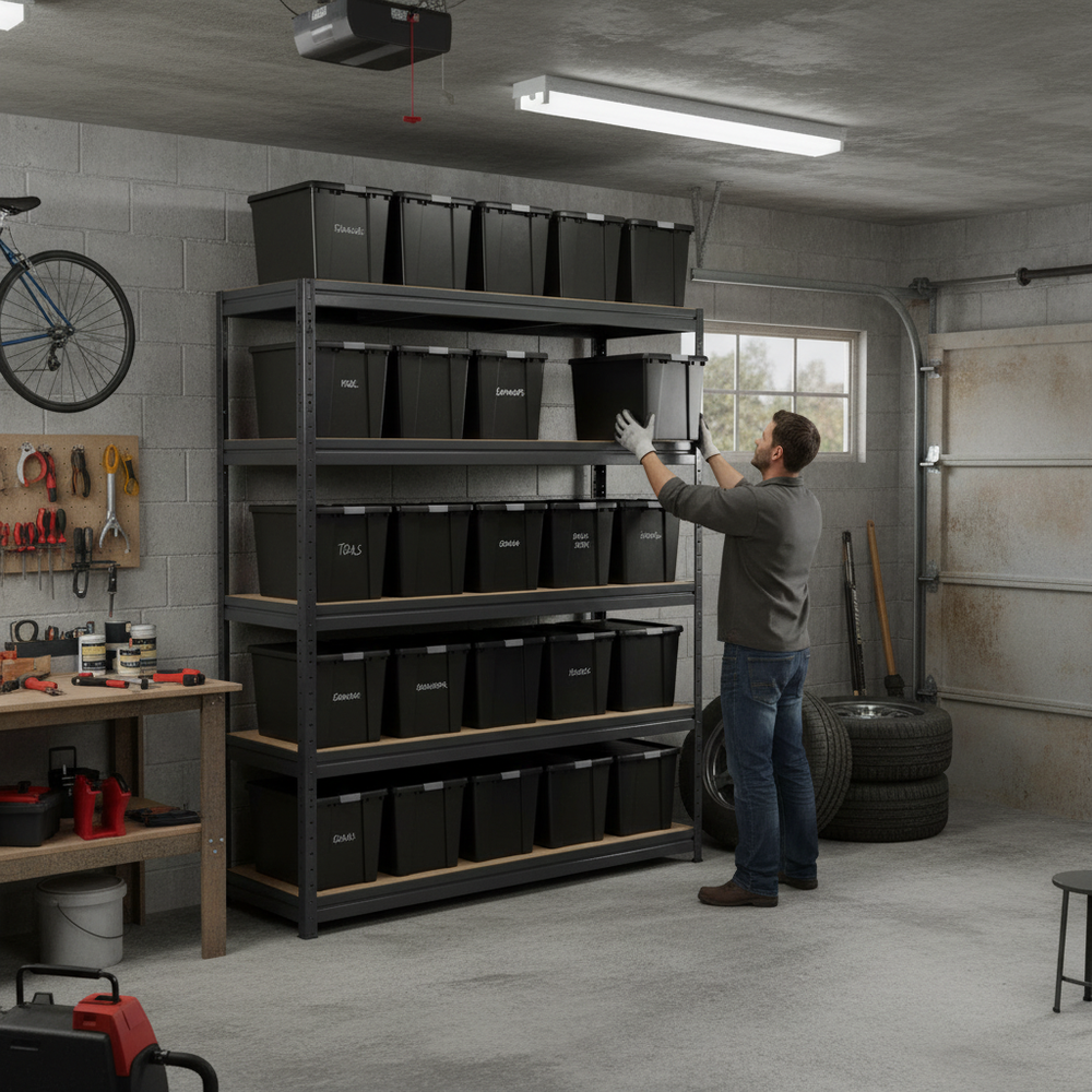 Premium Heavy Duty Shelving with 8x 62L Plastic Storage Boxes - 1770mm High - Side view