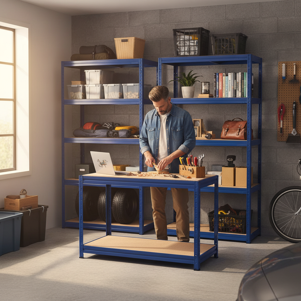 2x Heavy Duty Shelving Units - 1800mm High & 1x Professional Workbench - 1200mm Wide - Blue - Side view